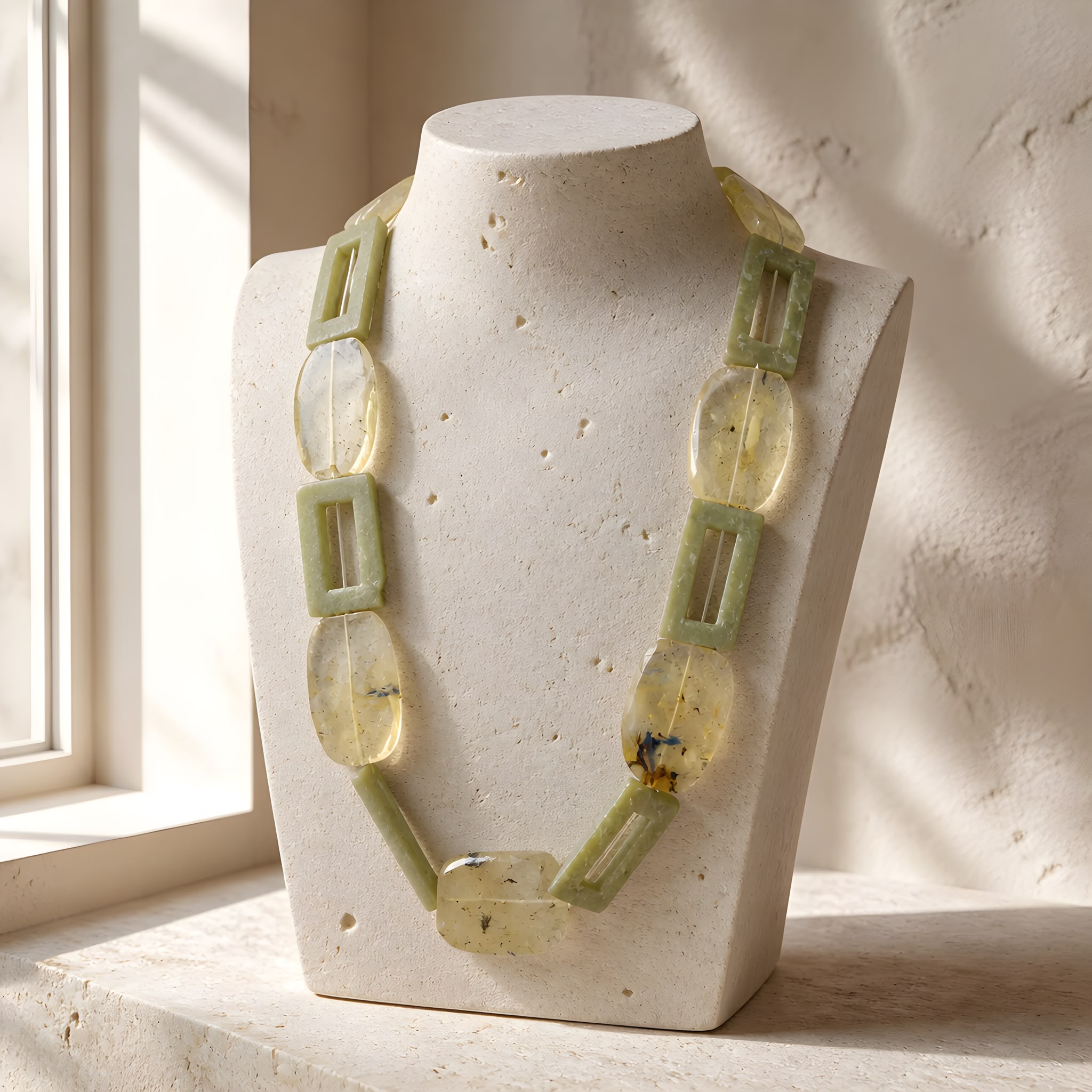 Collar  de serpentina verde con algas encapsuladas.